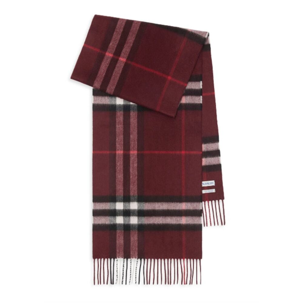 NEW BURBERRY 100% CASHMERE BURGUNDY CHECK PLAID SCARF UNISEX MID CAMEL NWT!